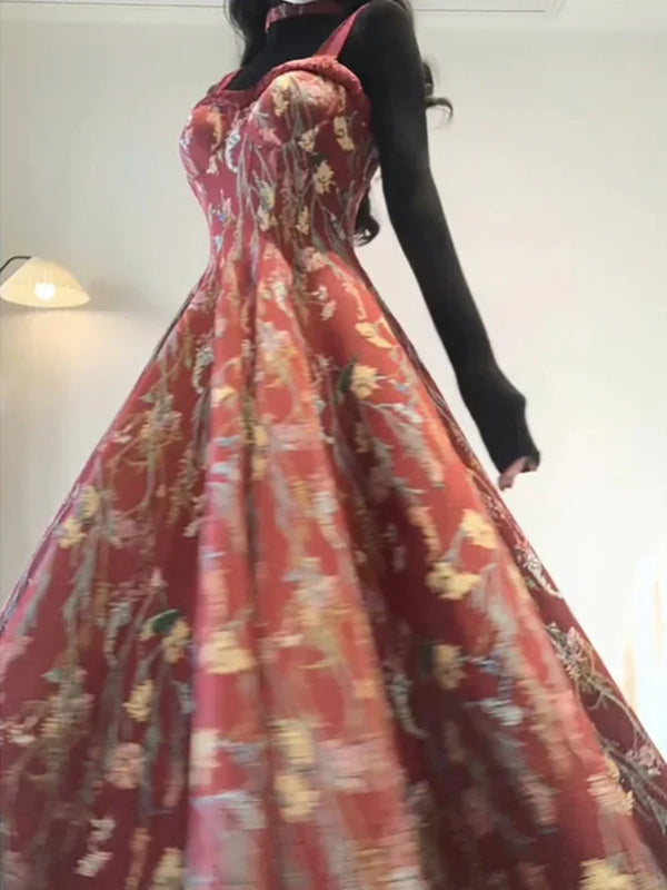 Vintage A line Spaghetti Straps Red Floral Long Birthday Dresses Prom Dress Birthday Outfits, SSR3589