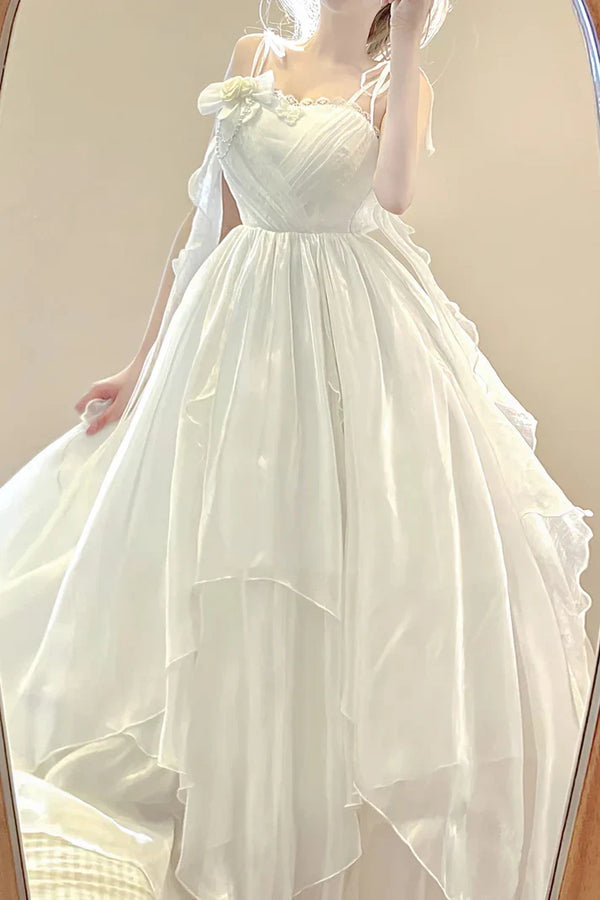 Vintage A line Spaghetti Straps White Floral Long Birthday Dresses Prom Dress Chiffon Birthday Outfits ,SSR3588