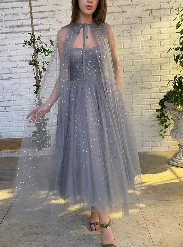 SSR1786,Grey Tulle A-Line Homecoming Dresses, Sleeveless Prom Dress with Cloak