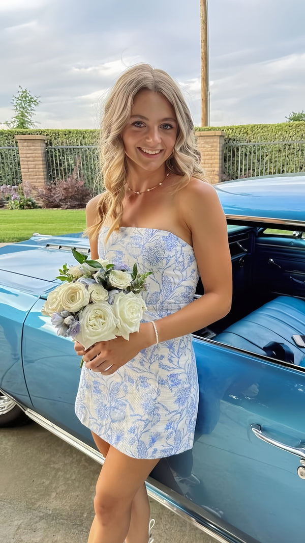 White Blue Floral Homecoming Dresses Strapless Short Prom Dresses, SSR3261