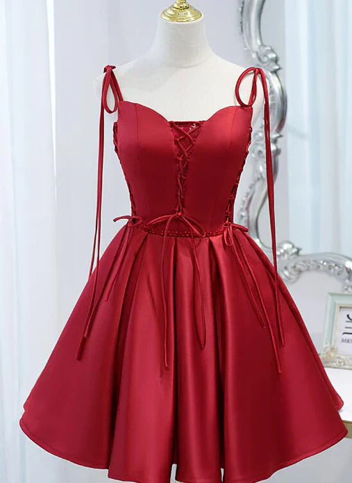 Wine Red Satin V-neckline Straps Beaded Short Prom Dress Party Dress A Line Homecoming Dress