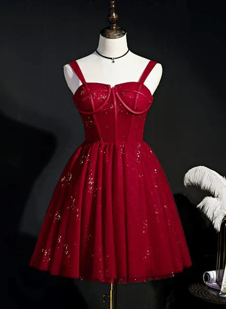Wine Red Short Tulle Straps Cute Homecoming Dress Short Prom Dress Party Dress Sparkly