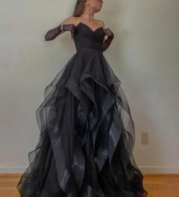 Black A-Line Tulle Layers Sweetheart Long Prom Dress Evening Gown No With Gloves