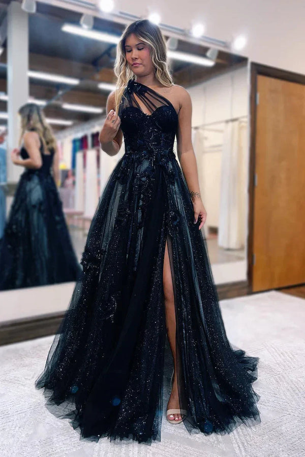Black One Shoulder Floral Prom Dresses, Preppy Prom Dresses 2025
