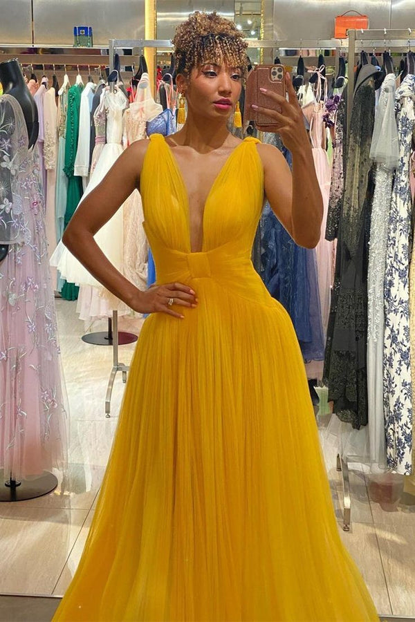 SSR1613,Sexy Yellow Tulle V-Neck Long Prom Evening Dresses