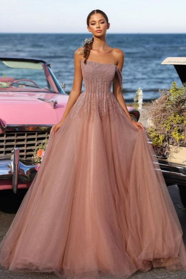 Vintage Mauve One Shoulder Sequins Mesh Prom Dress ssr0171
