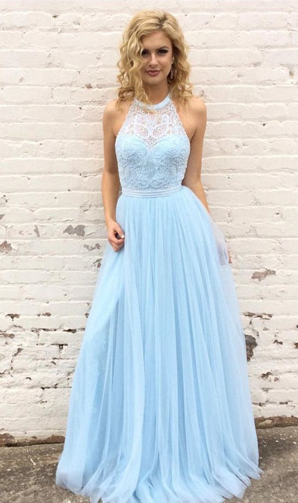 SSR0904,Light Blue Prom Dresses Halter Neckline,Lace Ball Gown,Tulle Dresses For Party,Lace Evening Dress,Halter Formal Dress