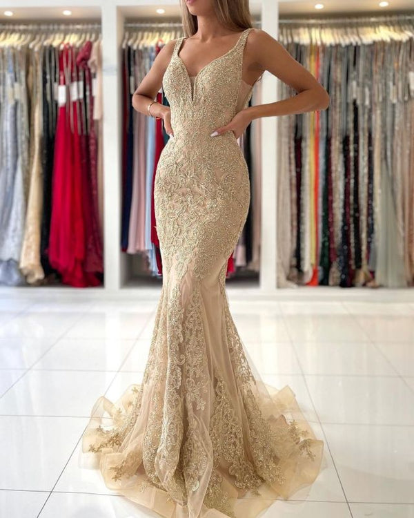 SSR0195,Champagne mermaid long prom dress applique lace evening formal gown