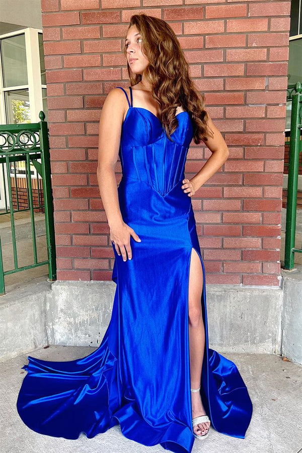 Blue Prom Dresses, Open Back Satin Evening Dress, Mermaid Prom Dresses 2025
