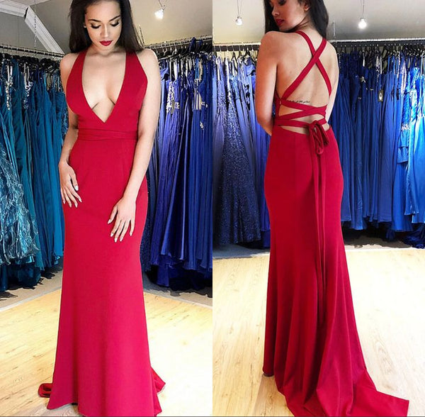 SSR1717,Sexy Mermaid Red Satin Prom Dresses With Cross Back, Deep V-Neck Sexy Prom Evening Dress