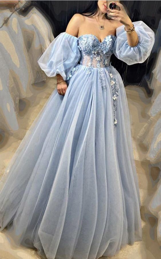 SSR0383,Light blue ball gown sweetheart prom dresses tulle prom dress with bubble sleeves