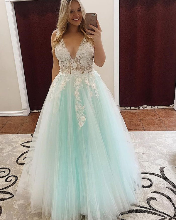 SSR0746,Elegant mint green tulle prom dress floral applique v-neck a-line evening formal gown