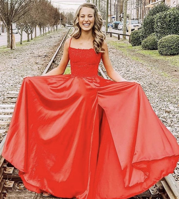 SSR1307,Red Satin Lace Long Prom Dress Evening Dress With Side Slit