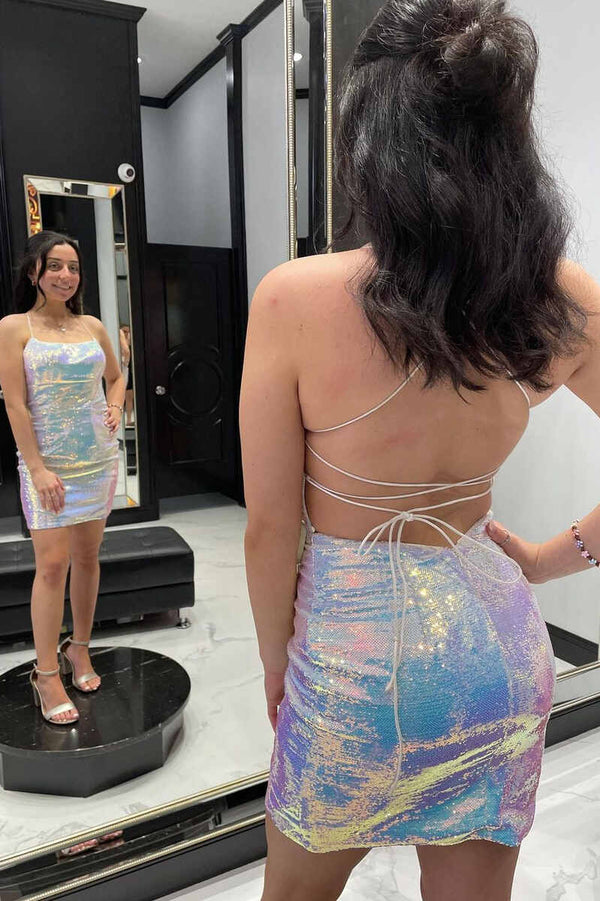 SSR1184,White Iridescent Sequin Lace-Up Mini Homecoming Dress