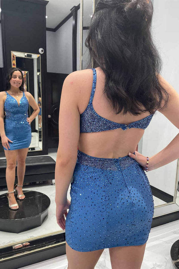 SSR1179,Blue Beaded V-Neck Backless Mini Homecoming Dress