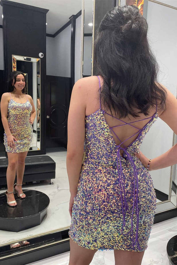 SSR1177,Purple Iridescent Sequin Lace-Up Bodycon Mini Homecoming Dress