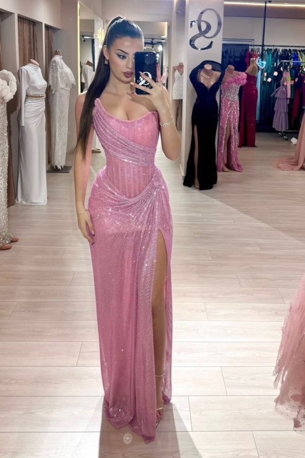 Light Purple Split Shining Strapless Sequins Prom Dress ssr0646