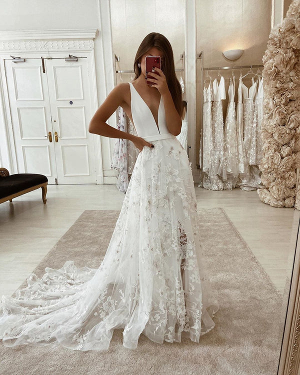 SSR0801,Gorgeous A-Line V Neck Satin Lace Wedding Dresses with Split Long Wedding Gown