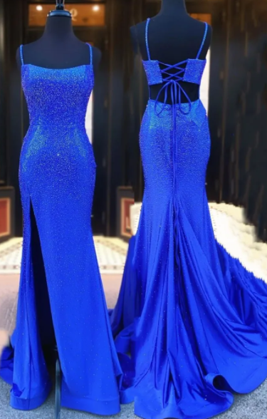 SSR1738,Beaded Mermaid Royal Blue Slit Long Prom Dress