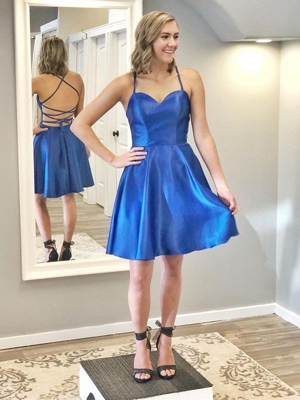 SSR0304,Halter Blue Homecoming Dresses Sweetheart Mini Prom Dress