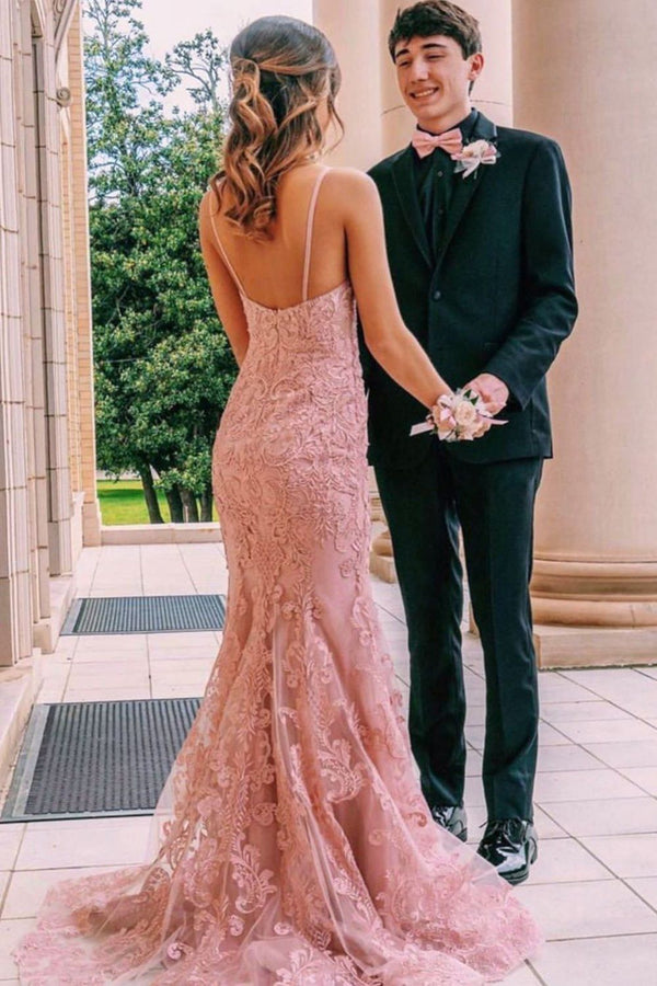 SSR0048,Chic pink lace prom dress mermaid zipper back evening gown