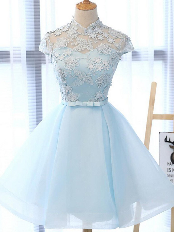 SSR0629,Light blue applique homecoming dresses short prom dress