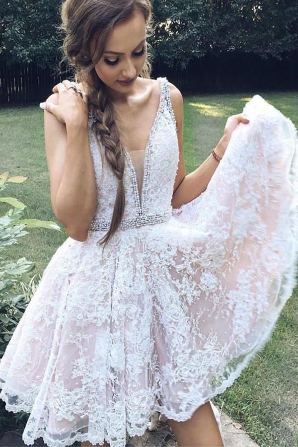 SSR1395,Champagne applique v-neck homecoming dresses a-line short prom dresses