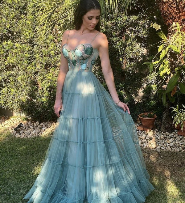 SSR1190,Sweetheart A-Line Tulle Prom Dresses,Spaghetti Straps Embroidery Evening Gown