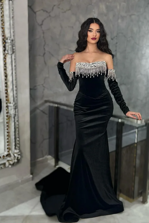 Black Velvet Strapless Long Rhinestones Prom Dress With Sleeves Tassels ssr0015