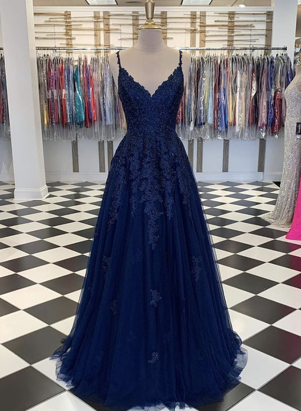 SSR0235,Navy Blue Lace Prom Dress A-Line Tulle Ball Gown Evening Dresses