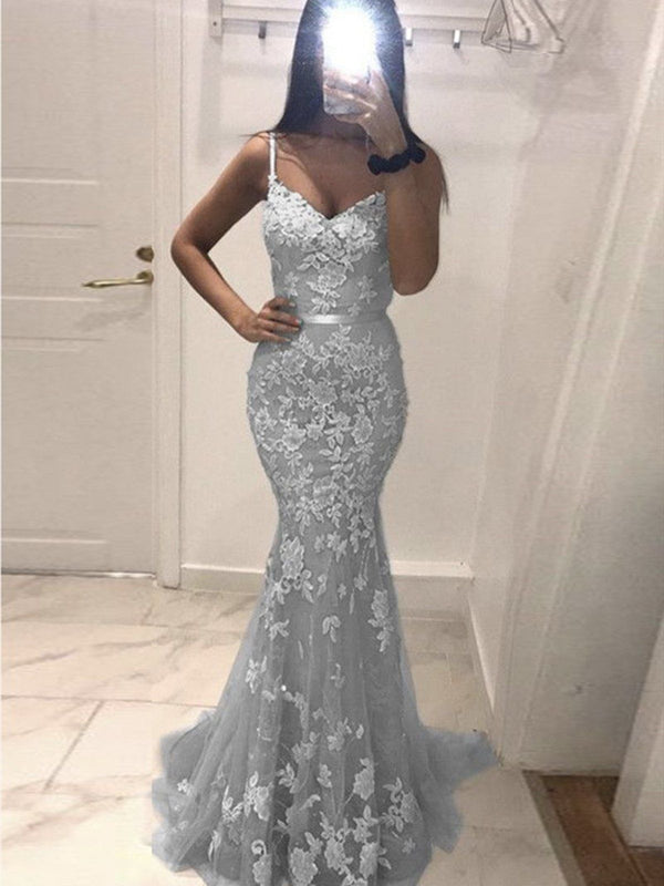 SSR0716,Light grey lace prom dress off the shoulder applique tulle prom dress long evening party gown