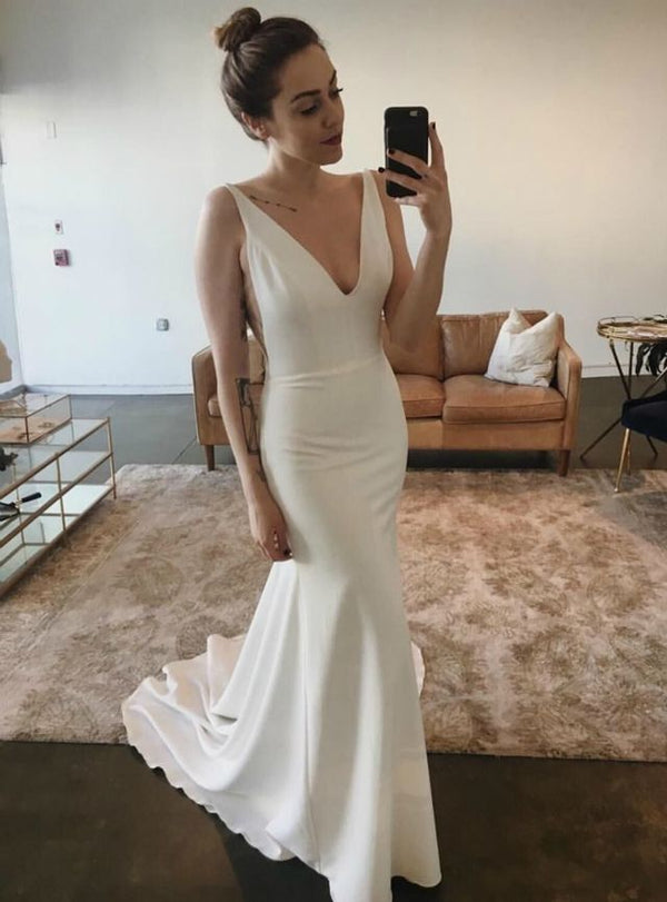 SSR1125,White V Neck Sleeveless Satin Wedding Dresses Mermaid Bridal Dresses