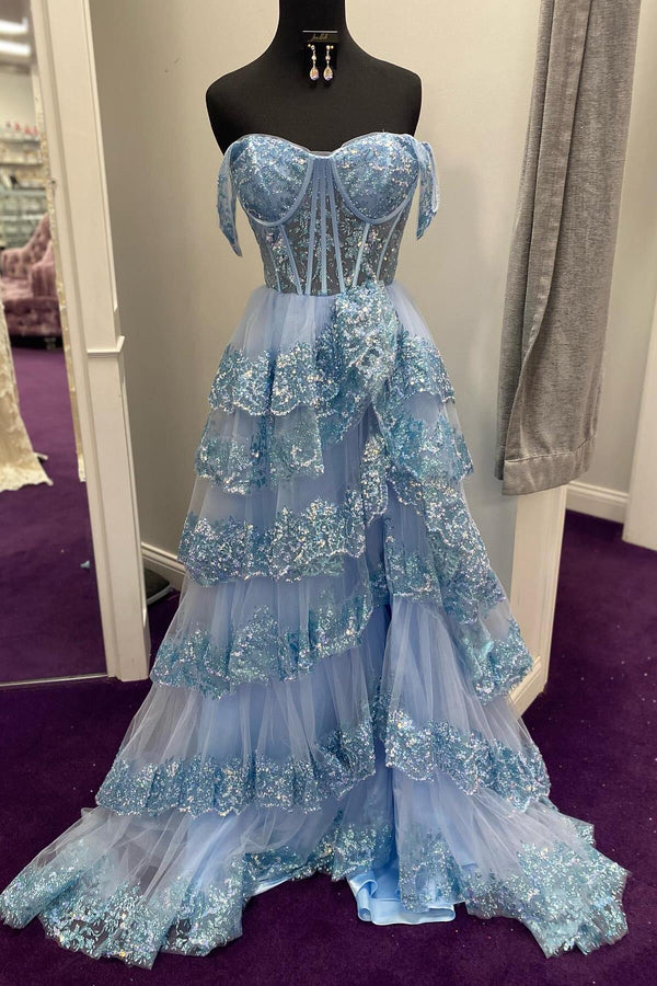 Off the Shoulder Blue Sequin Tulle Ruffles Gown