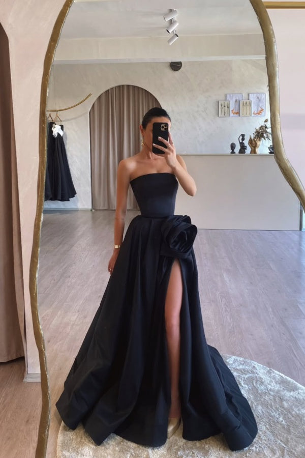 Formal Black A-Line Split Strapless Prom Dress ssr0536