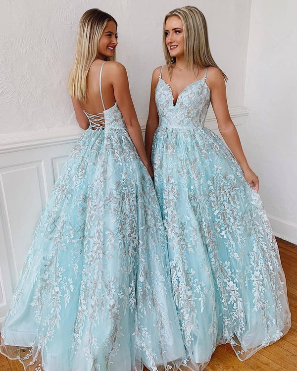 SSR0701,Mint green spaghetti straps prom dress applique princess ball gown
