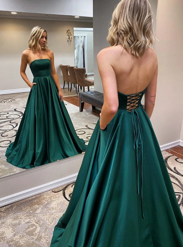 SSR0137,2022 A Line Satin Strapless Hunter Long Prom Dresses Lace Up With Pockets