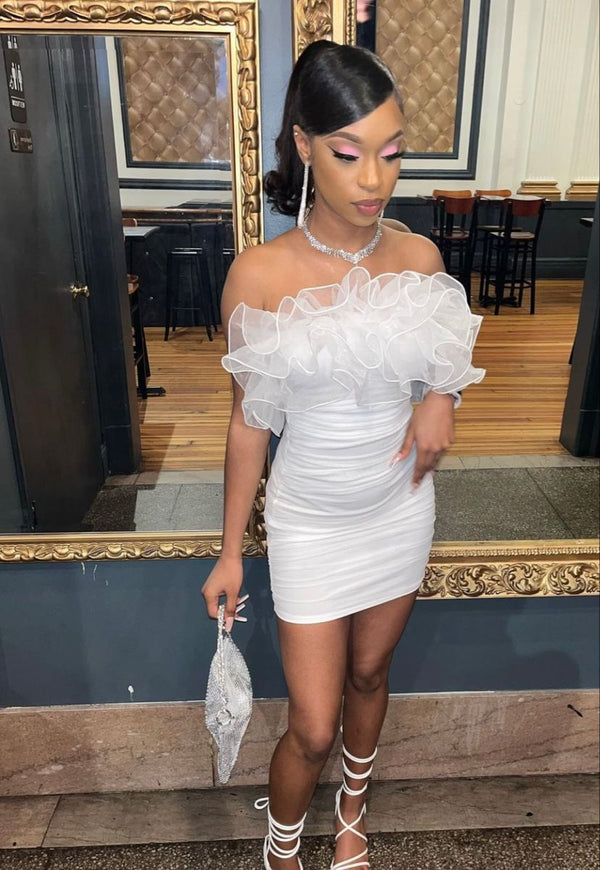 SSR1507,Off the shoulder white homecoming dresses,tight hoco dress