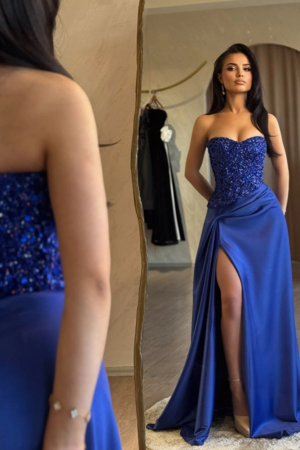 Royal Blue Strapless Split Sequins Prom Dress ssr0567