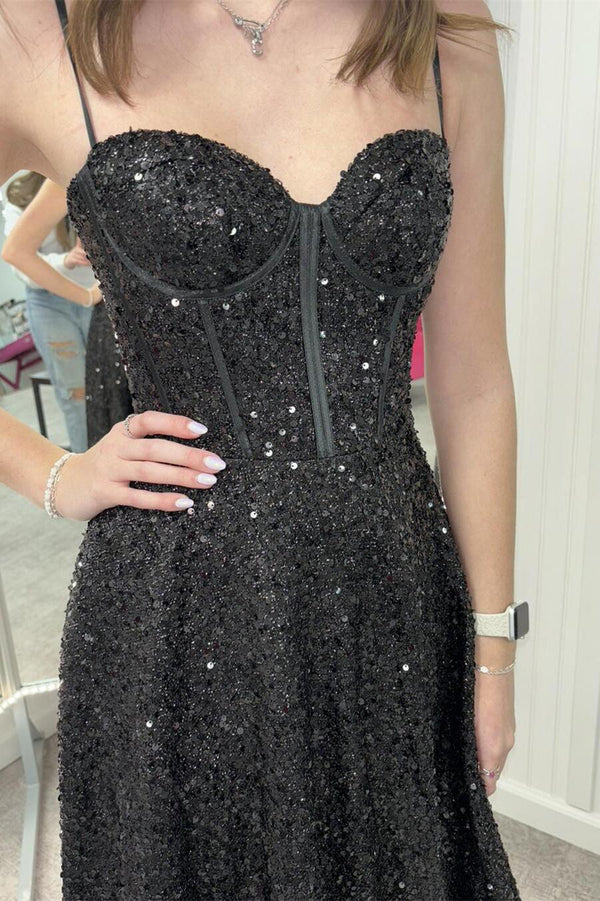 Black Sequin Corset A-line Long Prom Dress