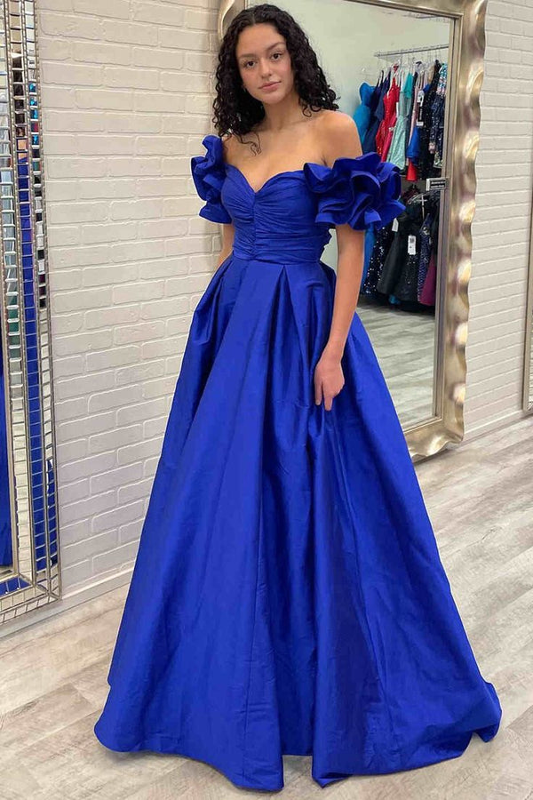 Flower Sleeves A-Line Hot Pink Evening Party Dress, Blue Long Satin Prom Dress 2025