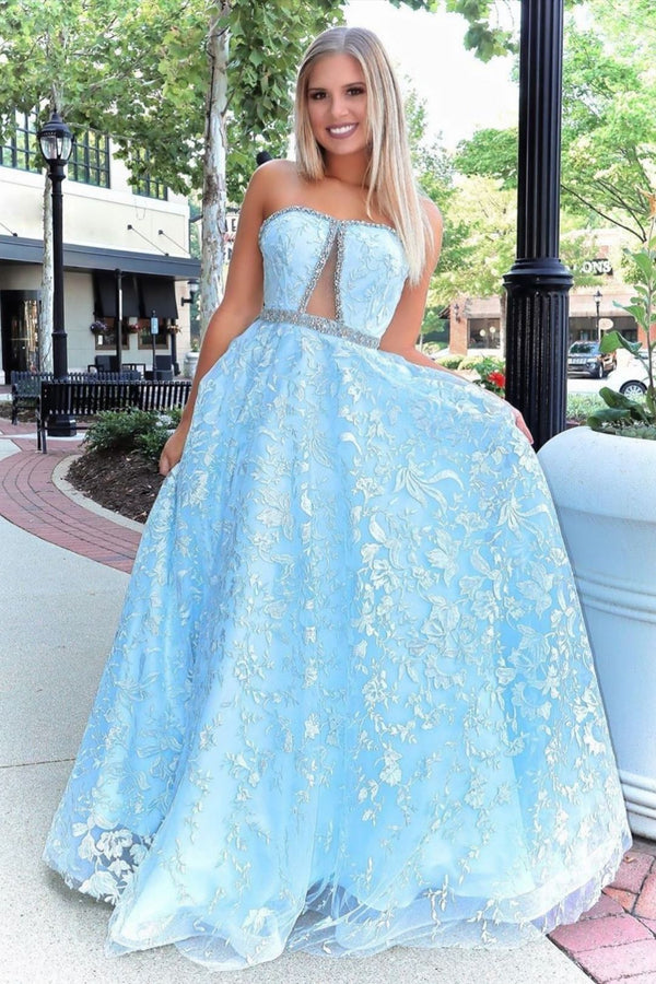 SSR0925,Stunning A-line Strapless Sky Blue Lace Beaded Long Prom Dresses Evening Dress