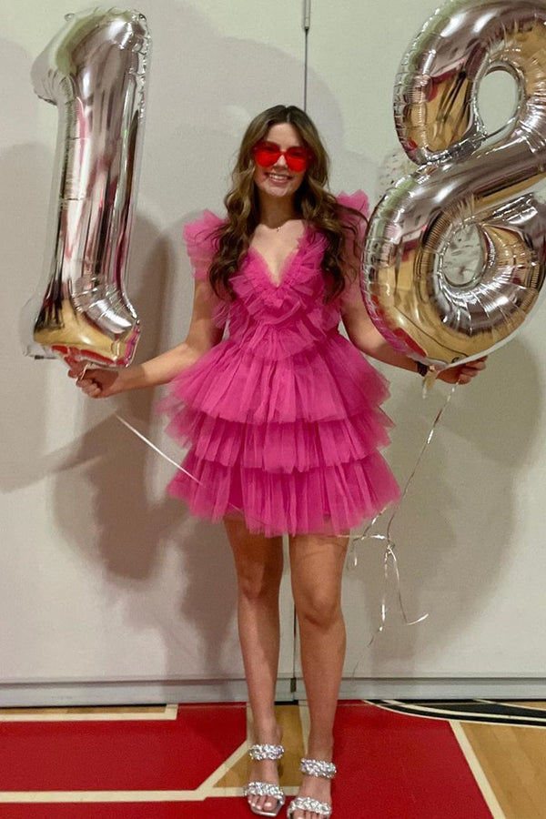 SSR1754, Sweet Pink Ruffles Homecoming Dress, Layers Plunging V Neck Homecoming Dress