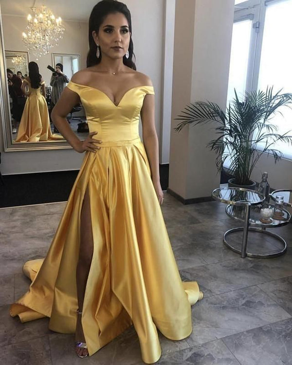 SSR0978,Yellow prom dress,yellow evening dress,a-line prom dresses,off the shoulder formal gown