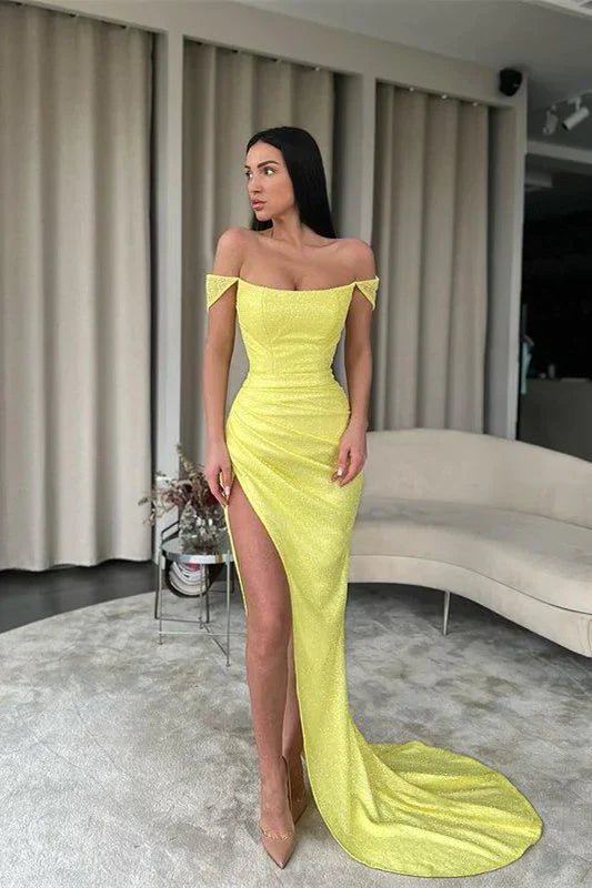 SSR1366,Bright Yellow Off-The-Shoulder Prom Dress Mermaid With Split