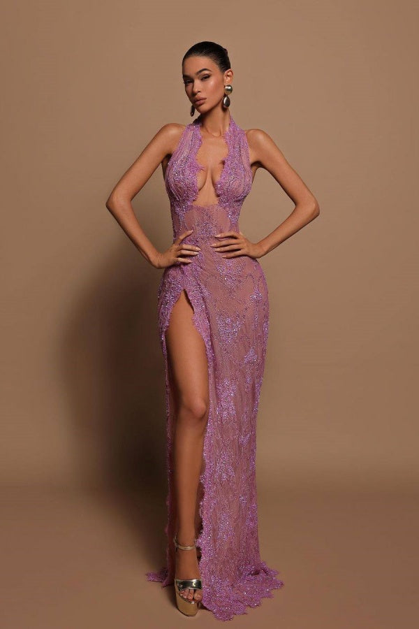 Wisteria Halter Deep-Neck Lace Sexy Prom Dress With High Split ssr0173