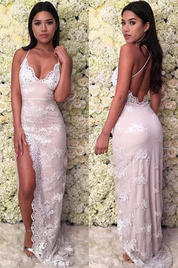 Deep V-Neck Spaghetti-Straps Backless Prom Dress With Split Lace ED0457