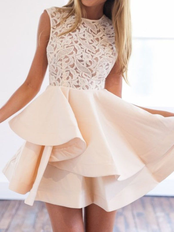 SSR0643,2022 A-Line Jewel Neck Sleeveless Layers Lace Cut Short/Mini Homecoming Dresses