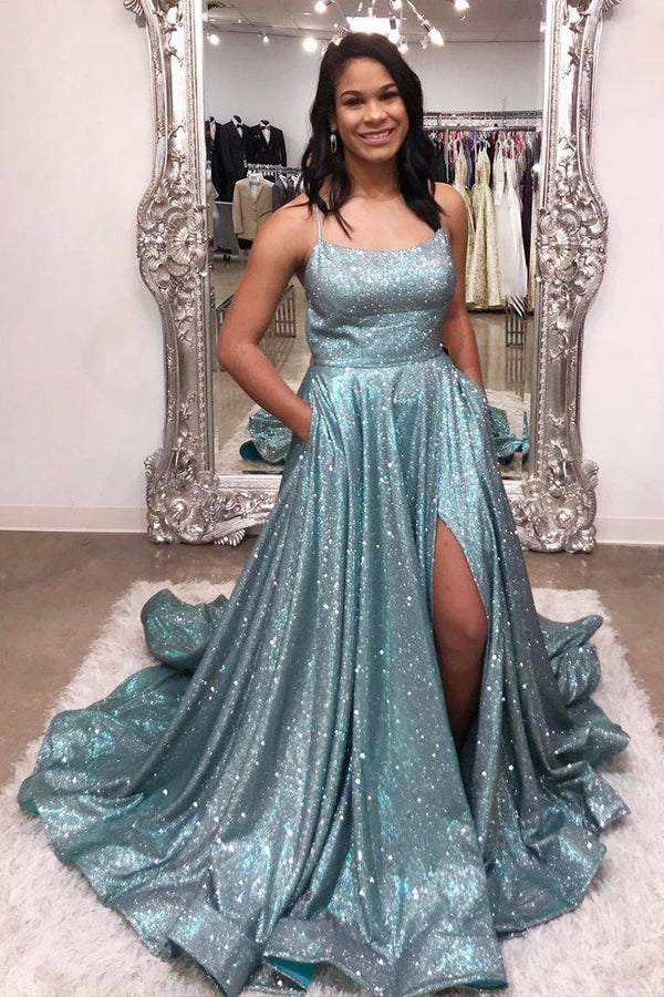 SSR0246,Bright Spaghetti Strap Split Side Long Prom Dresses Cross Back A-Line Ball Gown