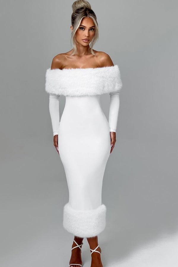 White Strapless Slim Fit Long Sleeves Prom Dress With Fur Collar ssr0338