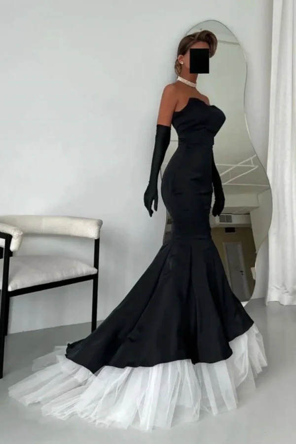 Black Mermaid Strapless White Tulle Prom Dress With Long Gloves ssr0476